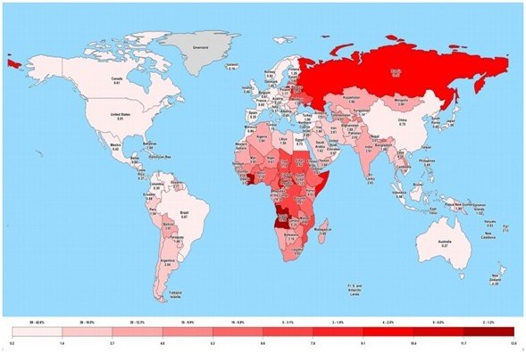 Распределение зон числа погибших в странах мира при пожаре